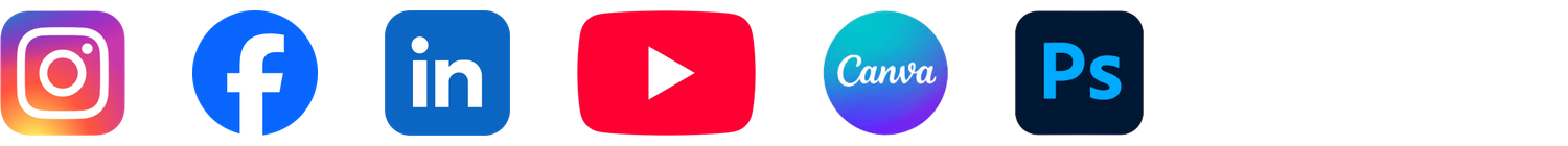 Brand and social tools: Instagram, Facebook, LinkedIn, YouTube, Canva, Photoshop